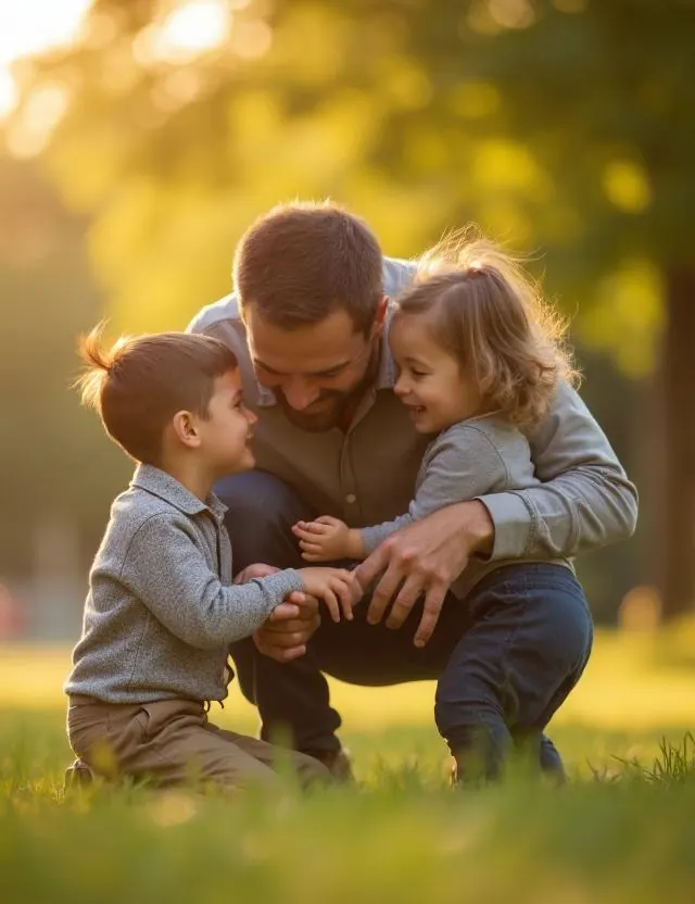 Vater mit Kindern in einem warmen Moment im Park